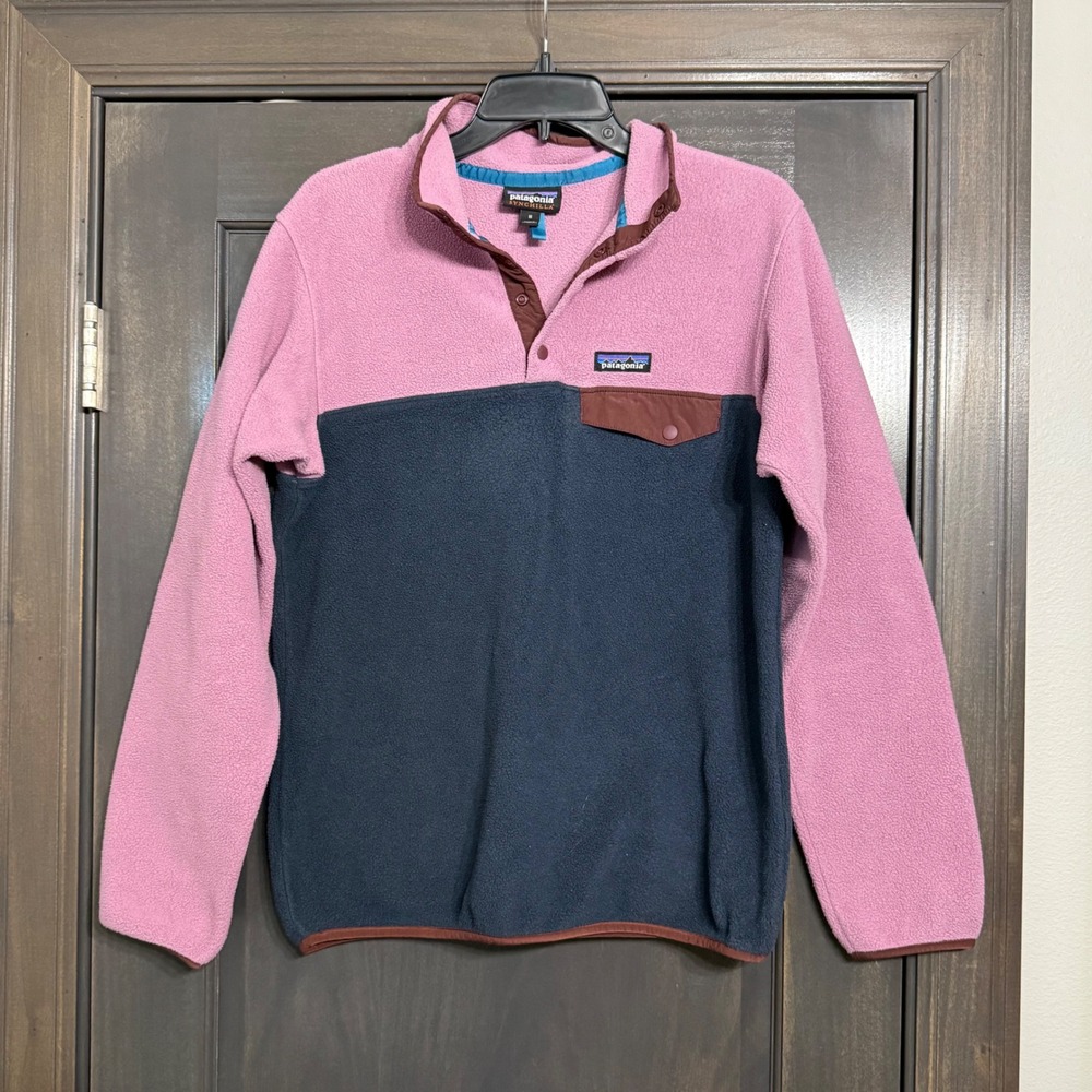 Patagonia Synchilla Snap-T Fleece Pullover Pink Navy Blue Colorblock Womens M